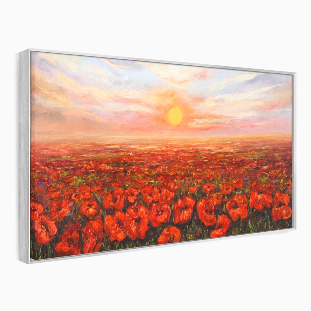 Tablou canvas cu pictura camp cu maci, in rama de aluminiu argintiu